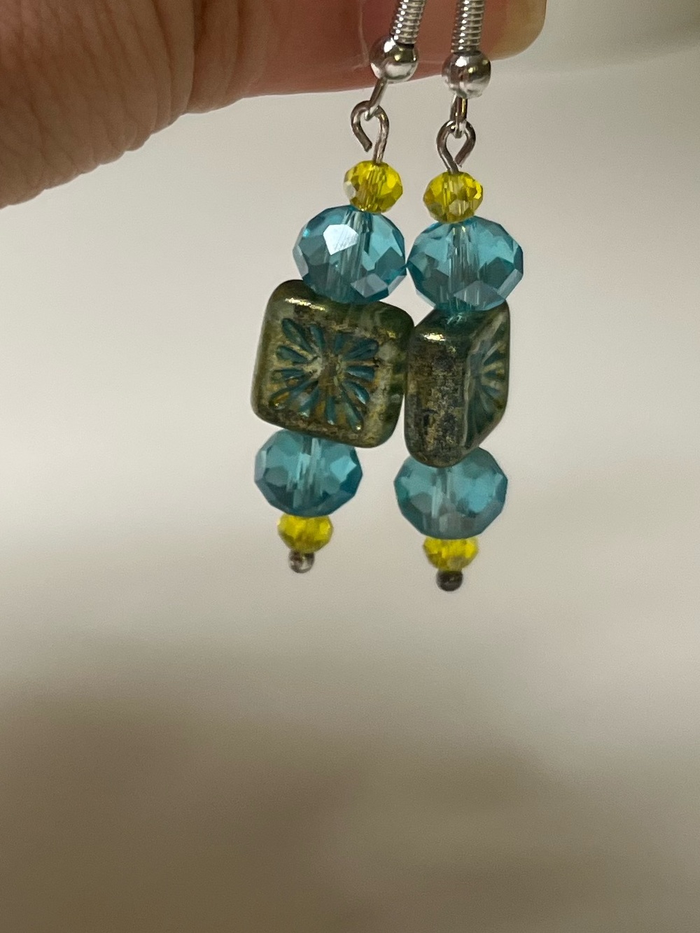 Handmade Czech Glass Tile & Crystal Dangle Earrings - Picture 3 of 3